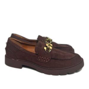 Anne Klein Loafers Brown Faux Suede Chain Detail Size 7.5 Chunky Preppy Classic